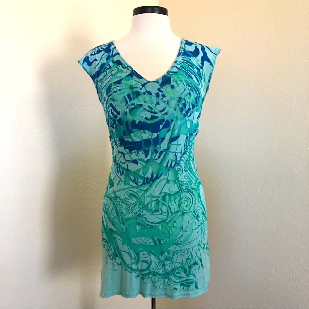 Ed Hardy Teal and Blue Mini Dress, Size M